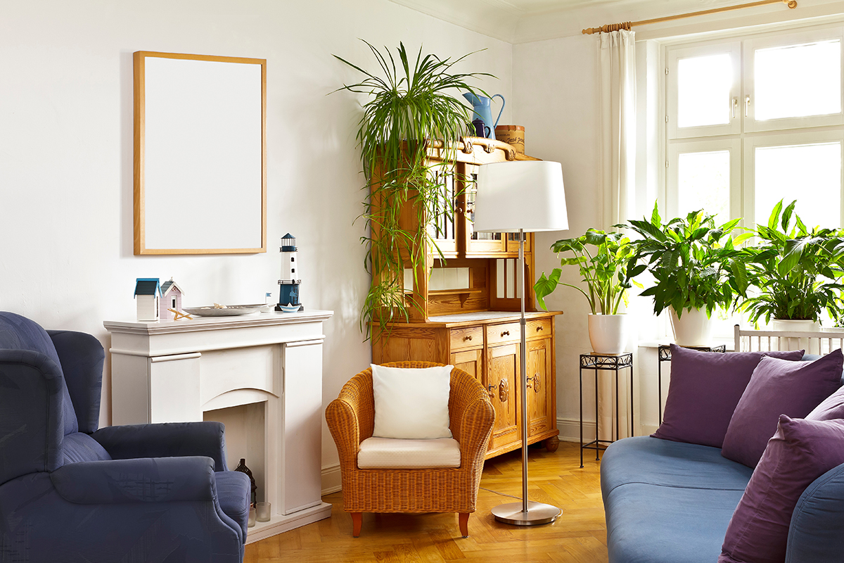 Interior design template of cozy living room with mock-up poster frame, sofa, chairs, fireplace, decoration, vintage furniture and plants, side view.